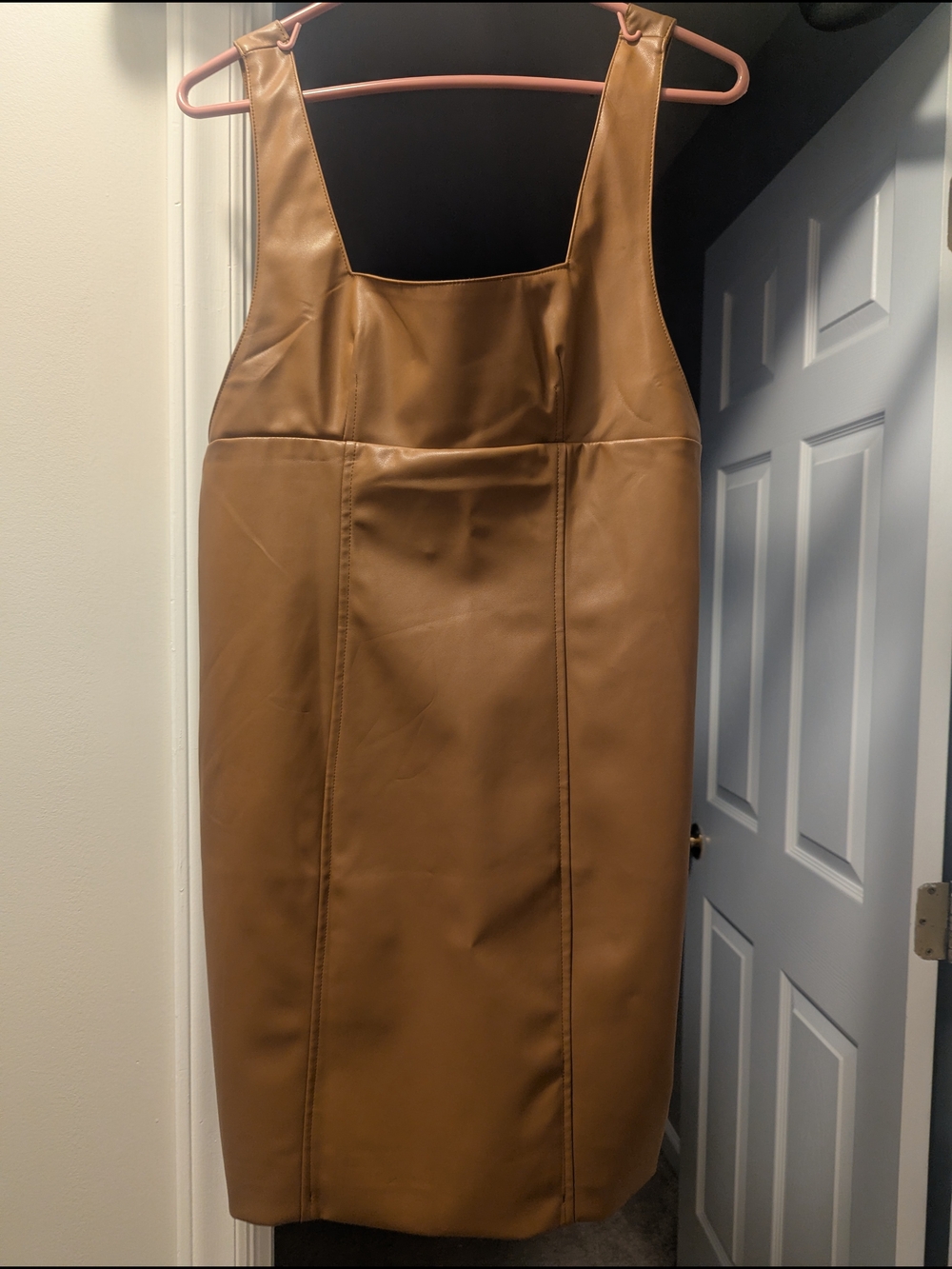 Impressions Faux Leather Pinafore Dress in Tan